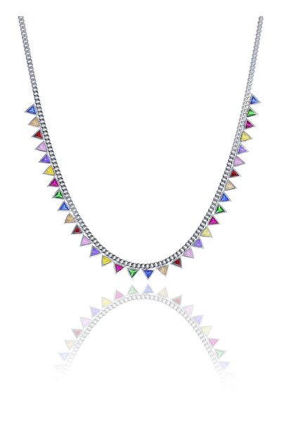 Söğütlü Silver Gümüş Rodyumlu Renkli Taşlı Gurmet Zincirli Piramit Kolye Sgtl...