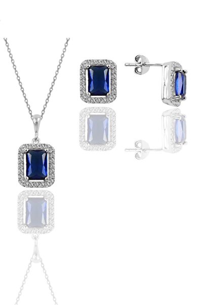 Söğütlü Silver Gümüş Rodyumlu Safir Taşlı Baget Kesim Ikili Set Sgtl11567lacı...