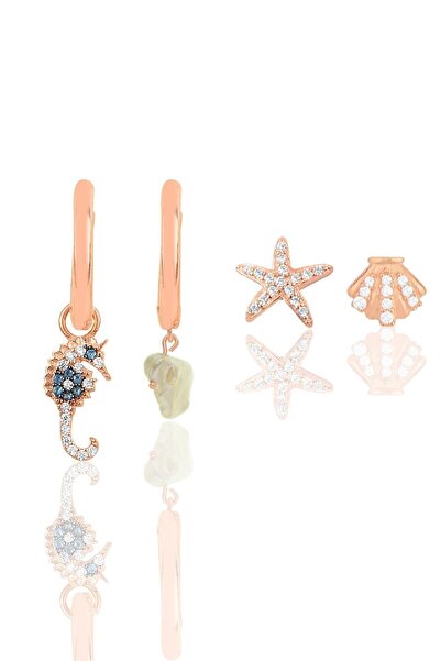 Söğütlü Silver Gümüş Rose Zirkon Taşlı Okyanus Kombin Dörtlü Küpe Seti Sgtl11794rose