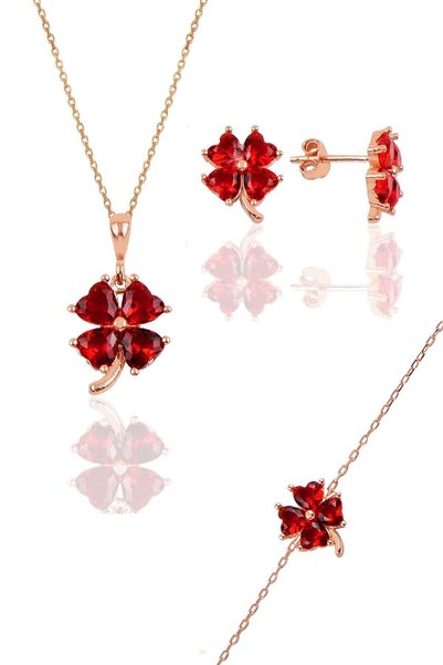 Söğütlü Silver Gümüş Rose Lal Renkli Yonca Modeli Üçlü Set Sgtl10581lal