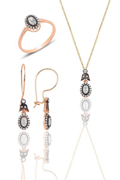 Söğütlü Silver Gümüş Rose Elmas Montürlü Oval Üçlü Set… Sgtl10628
