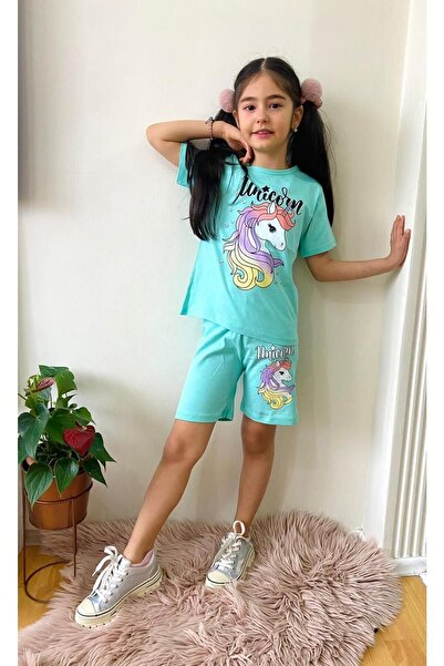 LİLLYPİCCA Girl's 2-Piece Cotton Combed Cotton Set with Unicorn Patterned Shorts