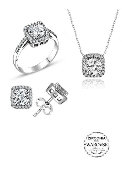 Söğütlü Silver Gümüş Taşlı Pırlanta Modeli Kare Üçlü Set Sgtl20515set