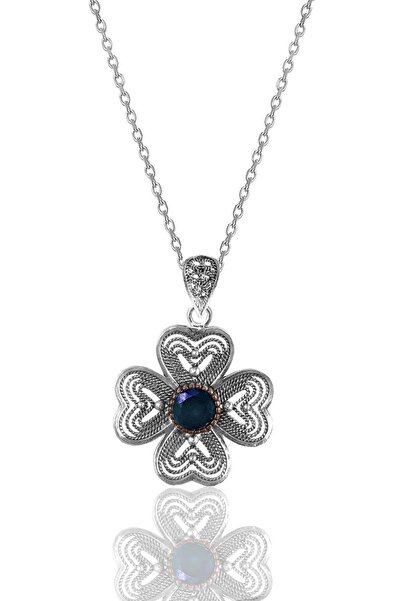 Söğütlü Silver Gümüş Safir Taşlı Telkari Işlemeli Yonca Kolye Sgtl12135lacıvert