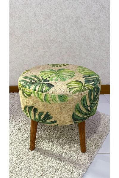 BHM Hasır Desenli Puf Bench Ahşap Ayaklı Dekoratif Yaprak Desenli Puf Bench