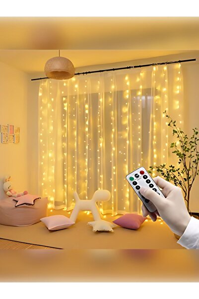 rkm store Dekoratif Perde Led 3x3 Gün Işığı Peri Led 300 Ledli 3mx3m Kumandalı 8 Modlu Usb'li Süsleme Ledi