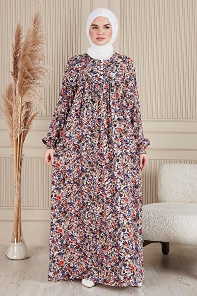 fistan Büzgü Robadan Önü Düğmeli Viskon Kumaş Tessetür Giyim Anne Elbisesi Na...