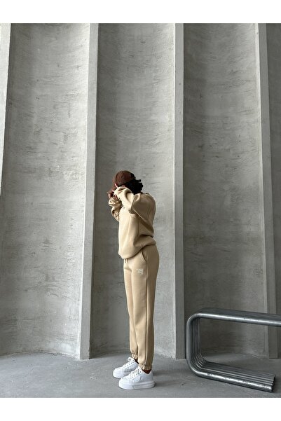 Cappmoda Tkm-03626 Mink Do Not over Think It Embossed Letter Printed Crew Neck Sweatshirt Jogger Three Thread