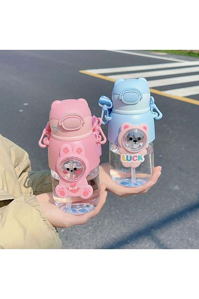 AET 660 ml Children's Water Bottle with Cute Figure - Water Bottle with Straw and Neck Strap