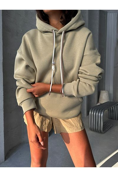 Cappmoda SWT-14263 Φούτερ με κουκούλα χακί με διπλό κορδόνι με τρεις κλωστές