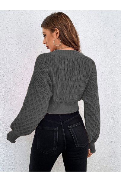 TRQOM Desenli V Yaka Triko Crop Hırka Antrasit Renk