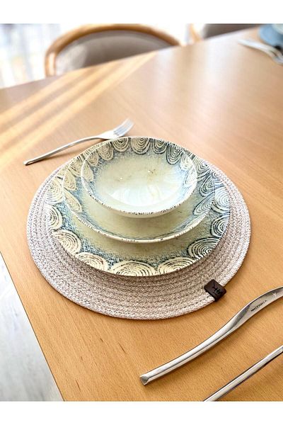 harev home collection 6 Pieces of Wicker Plate / American Service Lux Presentation Plate Mat 32 Cm (STONE COLOR)
