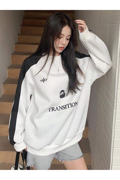 CLAYES Hanorac oversize unisex cu mâneci în dungi cu imprimeu de tranziție