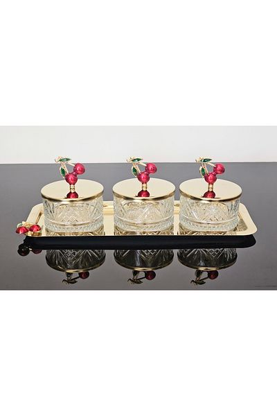 atabey home collection طقم أوعية صينية ذهبية بلون الكرز مكون من 3 قطع - وعاء سكر وعرض ووعاء للوجبات الخفيفة