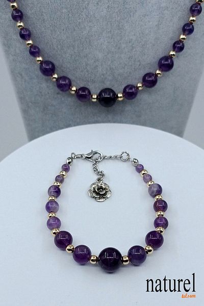 Naturel Tılsım Amethyst Natural Stone Bracelet Necklace Set