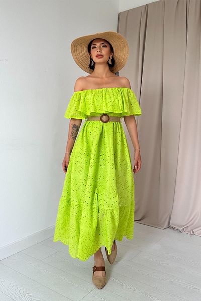 Seda Yalçın Atelier Pistachio Green Madonna Collar and Belt Detailed Scallop Dress