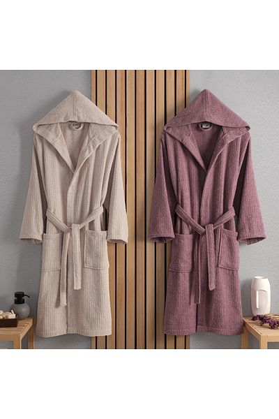 Lorateks Flora Men's & Women's - 2-piece Striped Hooded Cotton Bathrobe Set