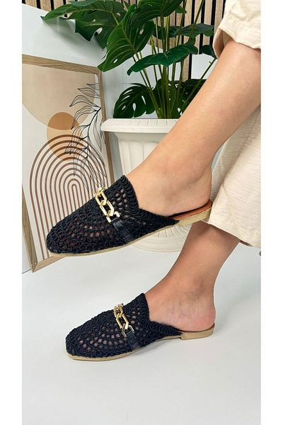 Nstil Black Lace Knitted - Comfortable Lightweight Women's Slippers with Chain and Closed Heels 273