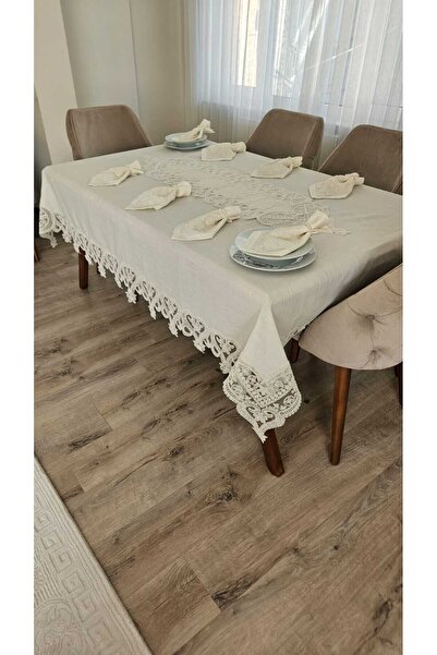 ZESA HOME لوكس جاردينيا كتان - 18 قطعة مفرش طاولة من الدانتيل المقاوم للبقع بنمط قلب لـ 8 أشخاص