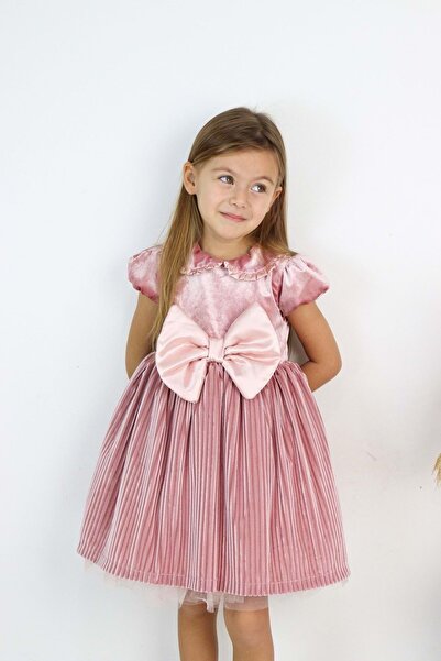 Genel Markalar Yılbaşı Fiyonk Çizgili Pliseli Kadife Kız Çocuk Elbise Yeniyıl...