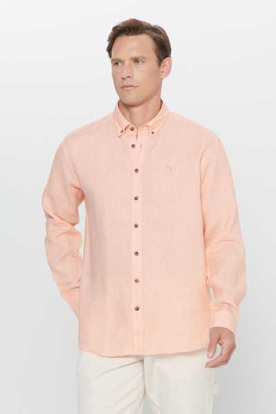 ALTINYILDIZ CLASSICS Comfort Fit Rahat Kesim %100 Keten Düğmeli Yaka Turuncu Gömlek