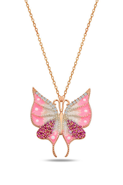 KAR DİAMOND 925 Ayar Gümüş Rose Kaplama Kelebek Modeli Kolye Sertifikalı