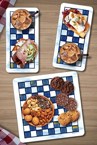 Decovetro MacKenzie 3-Piece Square Set - Glass Presentation Serving, Blue and White Plate