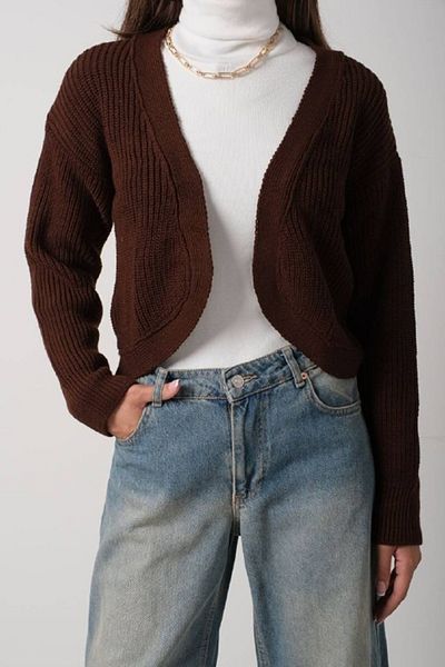 bayansepeti Καφέ Crop Knitwear Cardigan - Piping Λεπτομερής, Μοντέλο 24W21017
