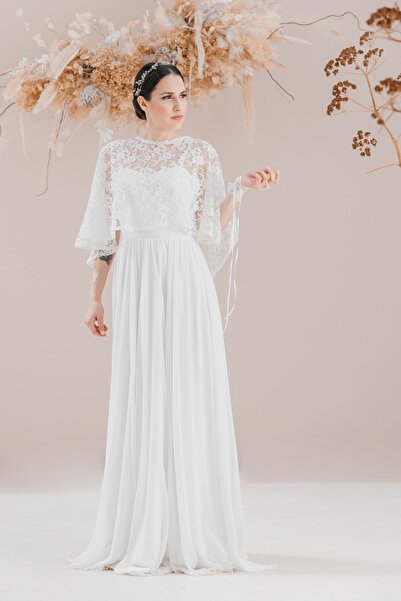 bride in love Dantel Pelerinli Şifon Elbise Gelinlik