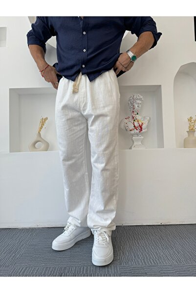 UTTBASİC Beyaz GG Baskılı Baggy Keten Pantolon
