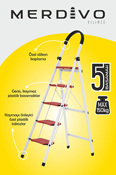 VİLİNZE Merdivo 5 Geniş Basamaklı Metal Ev Ofis Merdiven 150 Kg Taşıma Kapasiteli
