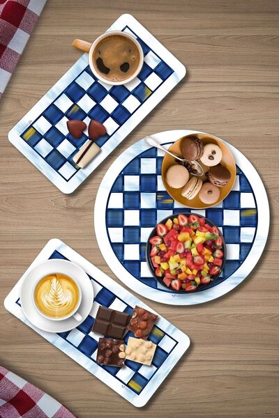 Decovetro MacKenzie 3-Piece Round Set - Glass Presentation Service, Blue and White Plate