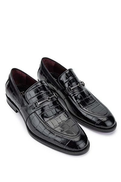 Tamer Tanca Genuine Leather Black Crocodile Men's Loafer Shoes