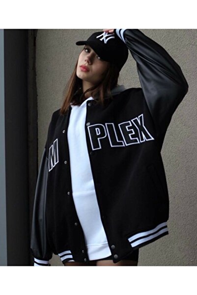 AHTAPOTMODA Unisex Oversize Siyah Complex Kol Deri Kolej Ceket