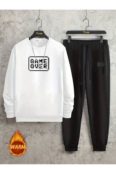 PALPİTO Λευκό "Game Over" εμπριμέ Unisex Oversize Jogger Suit - Crew Neck