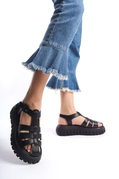 Limeo Black High Sole Three-Stripe Closed-Front Buckle Women's Summer Sandals