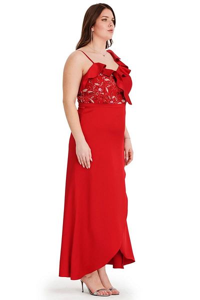 EVEN plus size Plus Size Red Satin Evening Dress - Wraped Collar Dress