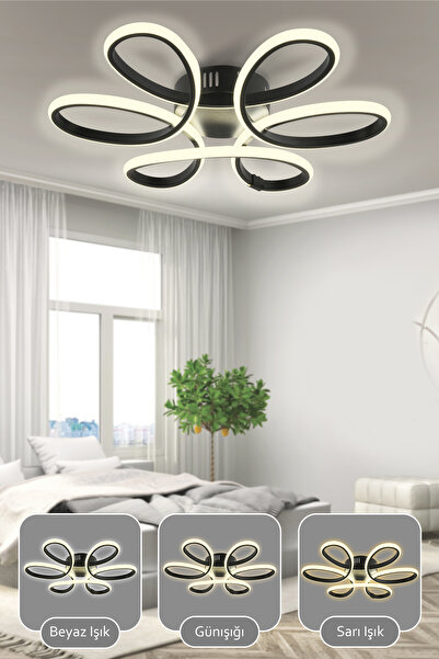 Capella Aydınlatma Rita Kumandalı 3 Renk Işık Özellikli Modern Siyah Plafonyer Led Avize Salon