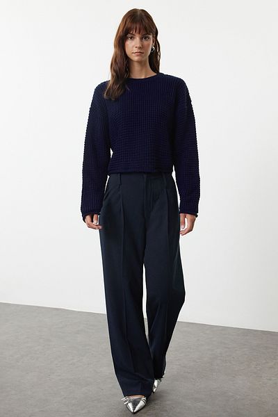 Trendyol Collection Széles szabású sötétkék Crop kötöttáru pulóver - TWOAW23KZ01193