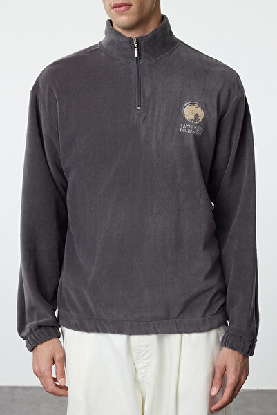 Trendyol Collection Φούτερ Anthracite Stand Collar Fleece - Oversize, Anti-Pilling, Keep Warm TMNAW25SW00022