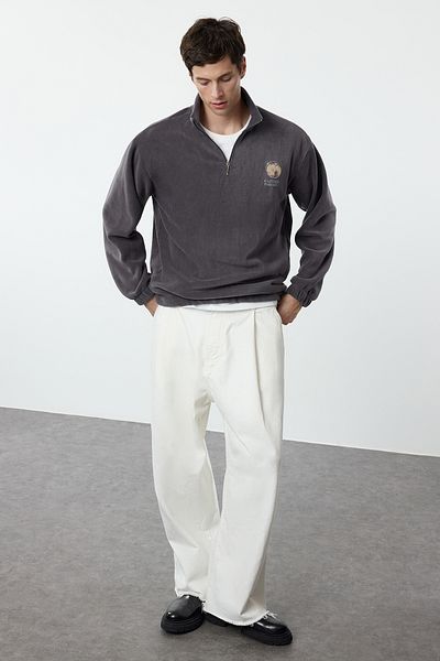 Trendyol Collection Φούτερ Anthracite Stand Collar Fleece - Oversize, Anti-Pilling, Keep Warm TMNAW25SW00022