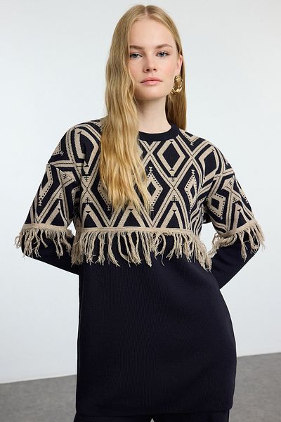 Trendyol Modest Geometric Patterned Navy Blue Knitwear Set - Tassel Detailed, Top and Bottom Set TCTAW25US00086