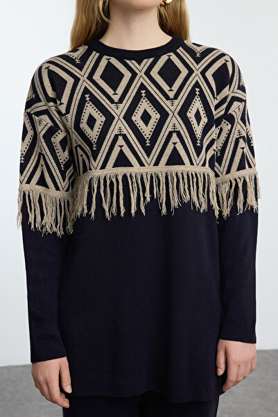 Trendyol Modest Geometrikus mintás sötétkék kötöttáru szett - Bojt részletes, felső és alsó készlet TCTAW25US00086