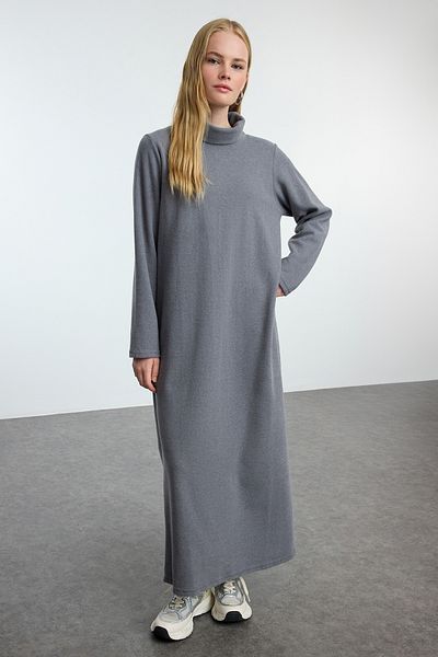 Trendyol Modest Πλεκτό Φόρεμα Σταντ γιακά Γκρι - TCTAW25EB00099