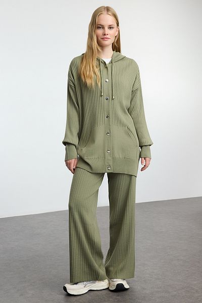 Trendyol Modest Khaki Hooded Oversize Knitwear Bottom-Top Suit Tctaw25Us00022