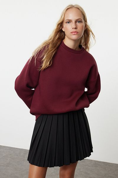 Trendyol Collection Weinrotes, übergroßes Fleece-Sweatshirt mit Rundhalsausschnitt - TWOAW24sw00102