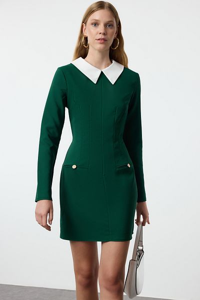 Trendyol Collection Πράσινο Υφαντό Φόρεμα - Λεπτομέρεια γιακά, TWOAW24EL00298