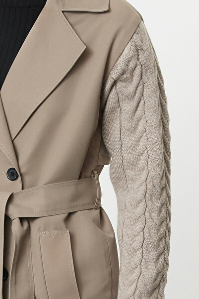 Trendyol Collection Regular Beige Long Trench Coat - Knitwear Detailed Sleeves Twoaw25Tr00009