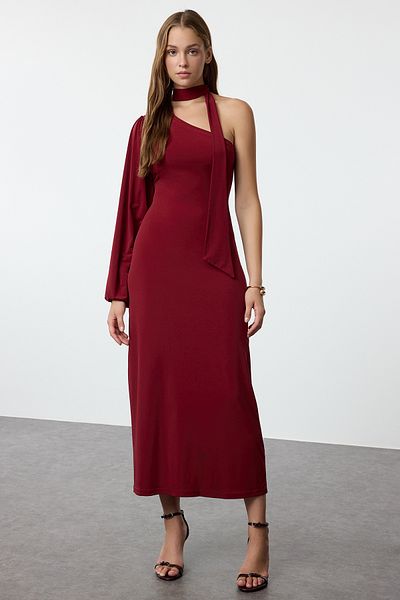 Trendyol Collection Rochie tricotată elastică - burgundă, detaliu solid, eșarfă midi, pe corp TWOAW25EL00407