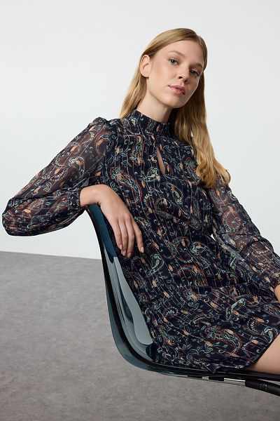 Trendyol Collection Μίνι χειμωνιάτικο φόρεμα - Ναυτικό στάμπα σάλι, ίσια εφαρμογή, φόδρα - TWOAW25EL00524